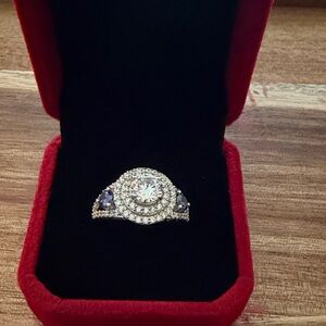 Elegant Sterling Silver Ring with over 1 carat moissanite stones & Blue Accents